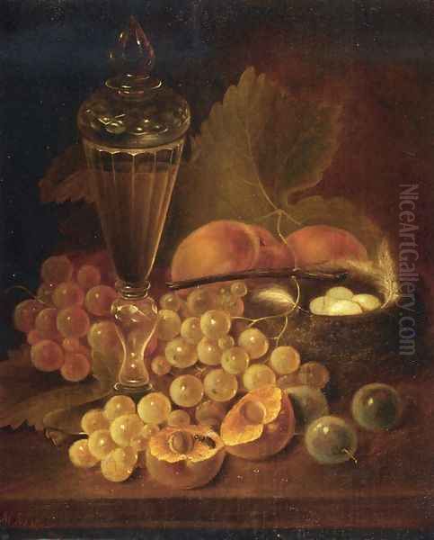 Still Life with Grapes, Peaches, Decanter and Nest of Eggs Oil Painting by George Forster