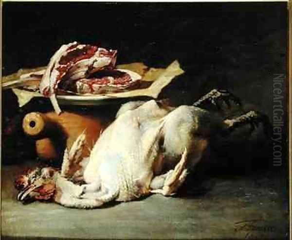 Still Life of a Chicken and Cutlets Oil Painting by Guillaume-Romain Fouace