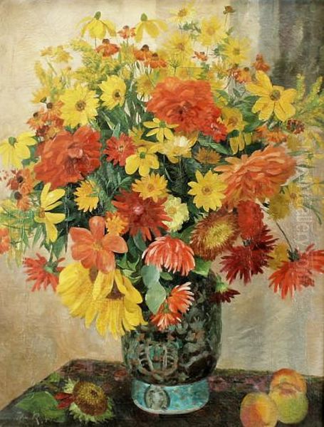 Stilleben Mitsommerstraus In Chinesischer Vase Und Apfeln Oil Painting by Walter Tanck