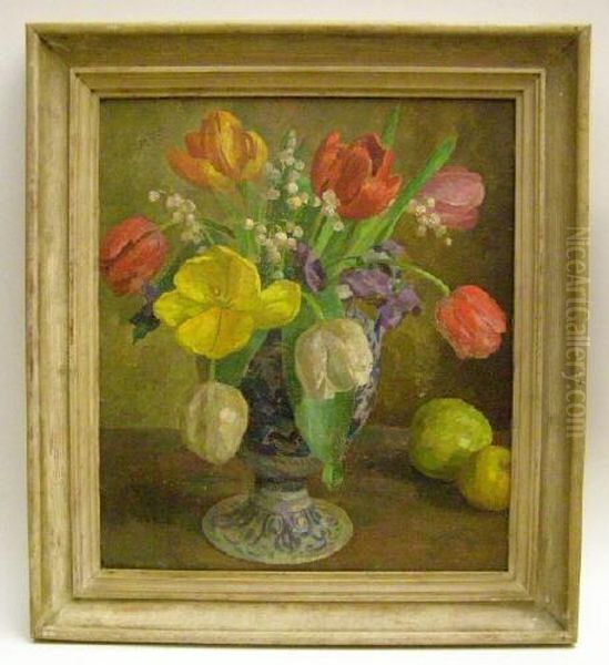 Stilleben. Auf Einem Tisch 
Blaustaffierte Vase Mit Tulpen Und Maiglockchen, Rechts Zwei Apfel. 
Unten Rechts Signiert Und Datiert Tanck 43. Ol Auf Malkarton, 42,5 X 37 
Cm. Oil Painting by Walter Tanck