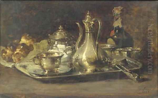 A silver tete à tete, a bottle and brioches on a table Oil Painting by Guillaume-Romain Fouace