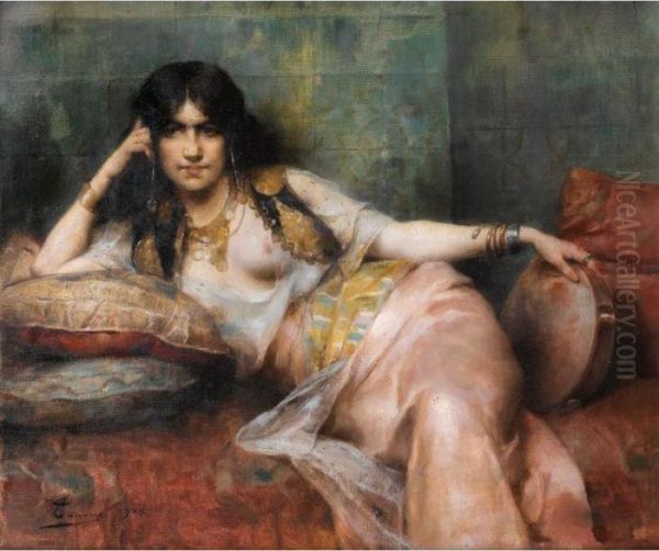 Odalisque Au Tambourin Oil Painting by Henri Adriene Tanoux