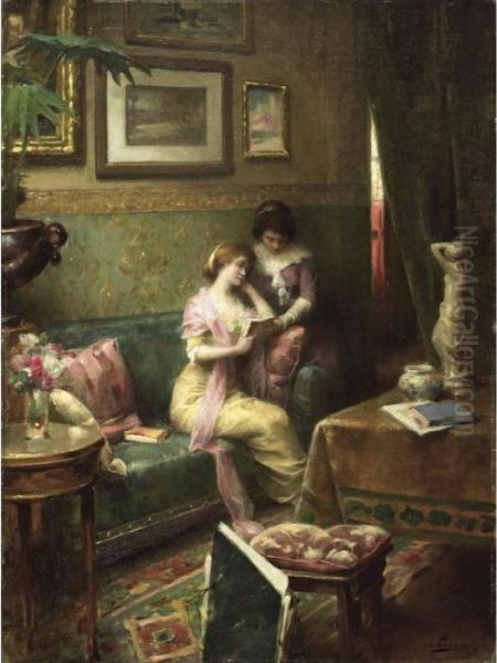 Reading In The Living Room Oil Painting by Henri Adriene Tanoux