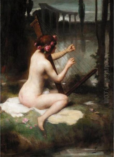 The Harp Player Oil Painting by Henri Adriene Tanoux