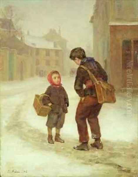 On the way to school in the snow Oil Painting by Edouard Frere