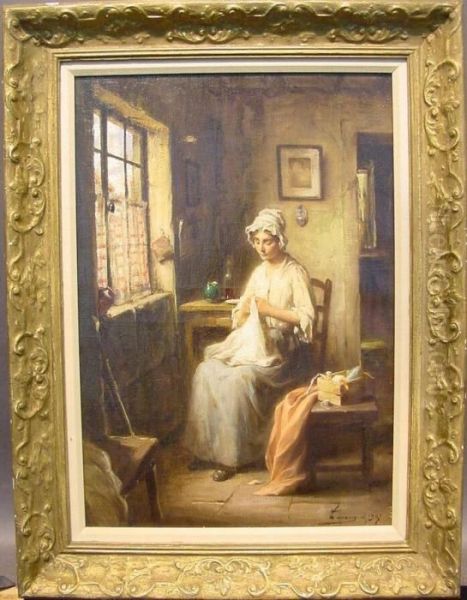 Sewing By An Open Window Oil Painting by Henri Adriene Tanoux