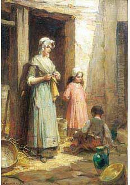 La Fermiere Et Ses Enfants. Oil Painting by Henri Adriene Tanoux