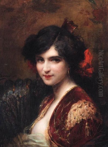 Portrait Of A Spanish Lady, 
Bust-length, Wearing A Red Jacket Withgold Brocade, Holding A Fan Oil Painting by Henri Adriene Tanoux