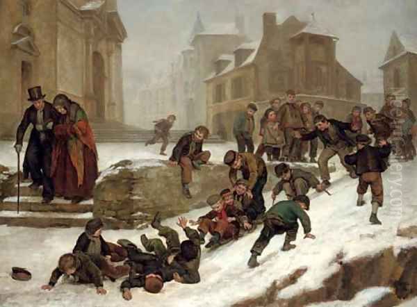 La glissade (The slide) Oil Painting by Edouard Frere