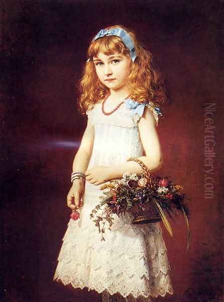 A Young Girl With A Basket Of Flowers Oil Painting by Conrad Freyberg