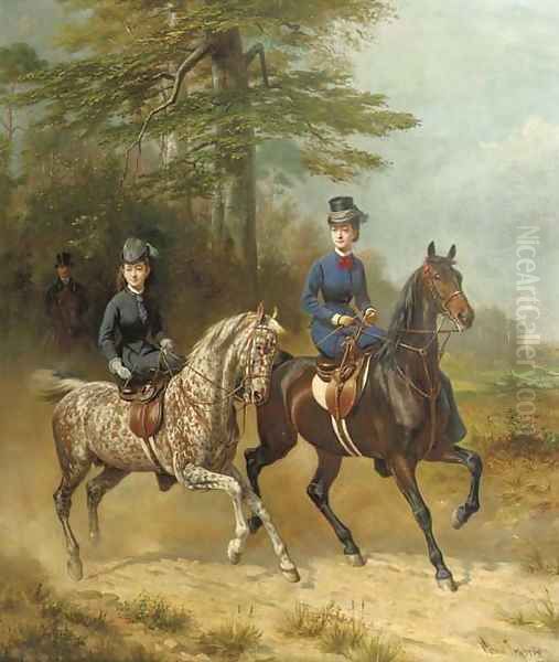 Reiterbild elegant ladies on horseback Oil Painting by Conrad Freyberg