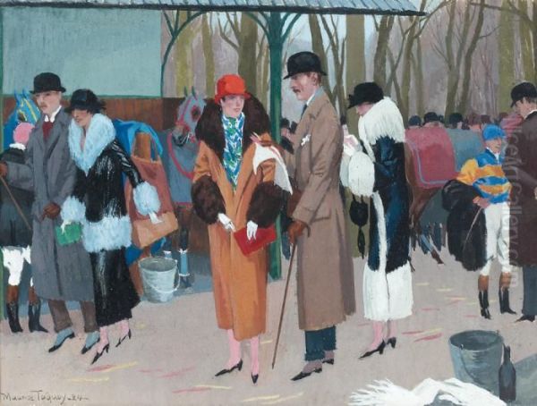 Elegantes A Longchamp Dans Les Paddocks Oil Painting by Maurice Taquoy