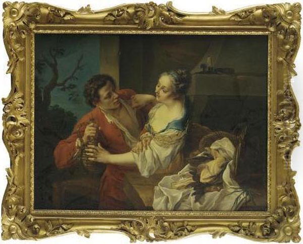 An Amorous Couple In A Domestic Interior With A Landscape Beyond Oil Painting by Hugues Taraval