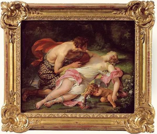 Procris Blessee Par Cephale Son 
Amant. Il Est Occupe A Retirer Le Javelot ; L'amour Aux Genoux De 
Procris Se Desole Et Eteint Son Flambeau. Oil Painting by Hugues Taraval