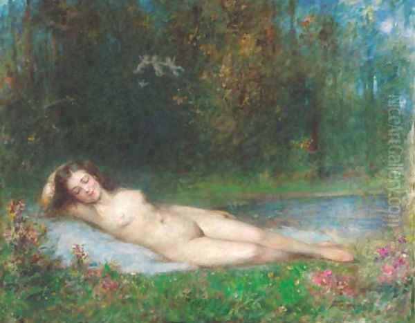 A nymph lying in a wooded river landscape Oil Painting by Arthur von Ferraris