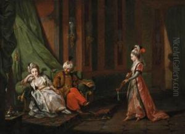 Harem Court Scenes: A Woman 
Playing A Citar; A Woman Dancing; Andtwo Women Acting Before The Sultan 
And His Wife Oil Painting by Hugues Taraval