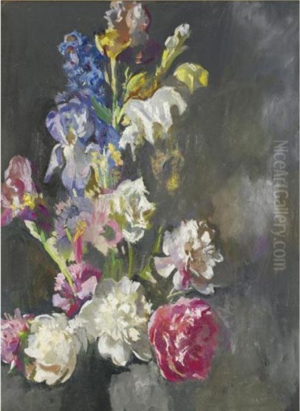 Still Life Study Of Peonies And Iris Oil Painting by Edmund Charles Tarbell