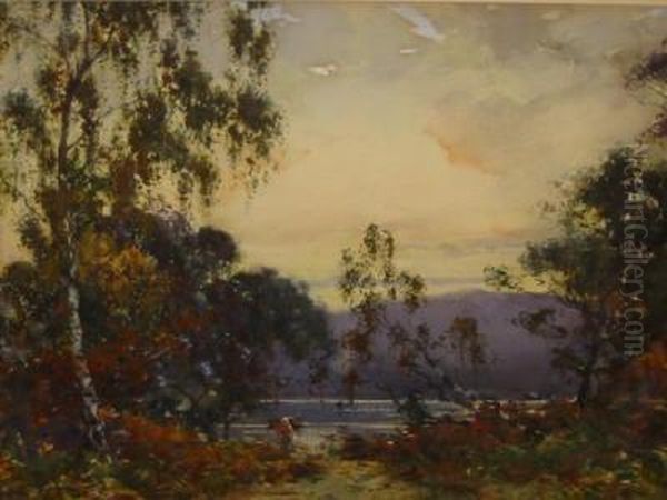 Autumnal Lake Scene With Faggot Gatherer Oil Painting by J.A. Henderson Tarbet