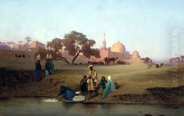 A village along the Nile near Cairo Oil Painting by Charles Theodore Frere