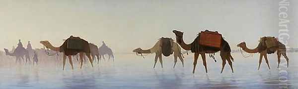 Camels Crossing Water Oil Painting by Charles Theodore Frere