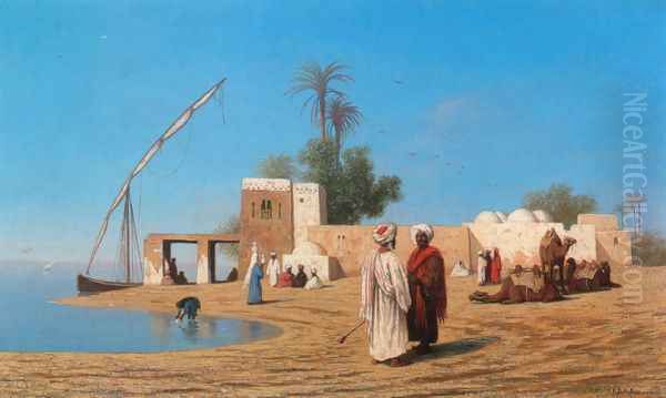 Un vilage aux bords de Nil - Haute Egypte (A Village on the Shores of the Nile - High Egypte) Oil Painting by Charles Theodore Frere