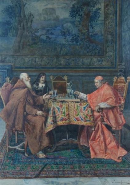 Cardinal And Monk Playing Chess Oil Painting by Enrico Tarenghi