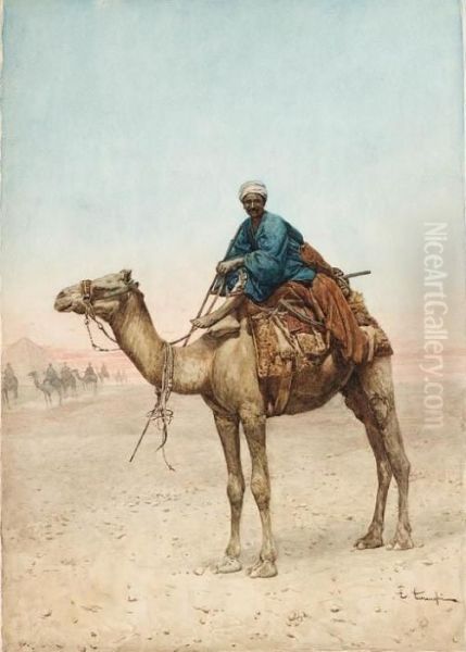 An Arab Riding A Camel In The Desert Oil Painting by Enrico Tarenghi