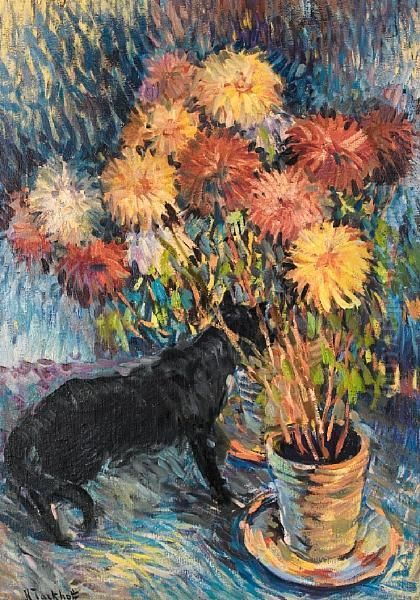 Still Life With Flowers And A Black Cat Oil Painting by Nikolai Aleksandrovich Tarkhov