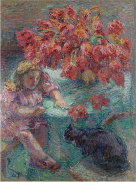 Young Girl With Cat Oil Painting by Nikolai Aleksandrovich Tarkhov