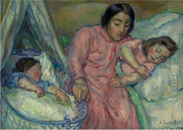 Mother Lulling Her Children To Sleep Oil Painting by Nikolai Aleksandrovich Tarkhov