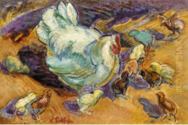 Mother Hen With Her Chicks Oil Painting by Nikolai Aleksandrovich Tarkhov