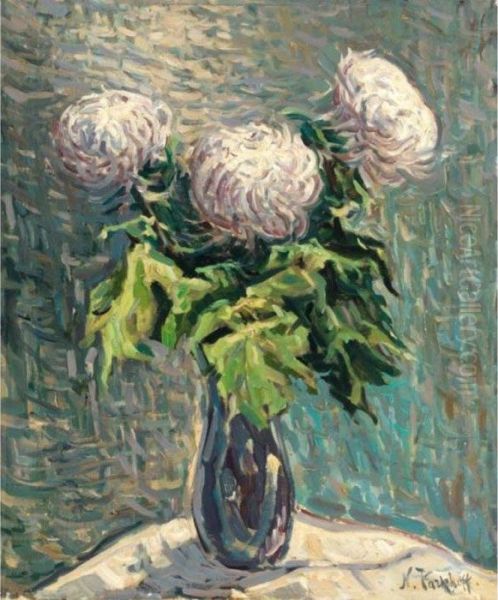 Still Life With White Chrysanthemums Oil Painting by Nikolai Aleksandrovich Tarkhov