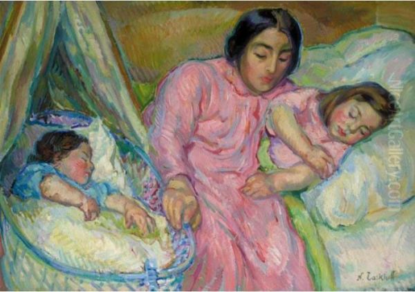 Mother Lulling Her Children To Sleep Oil Painting by Nikolai Aleksandrovich Tarkhov