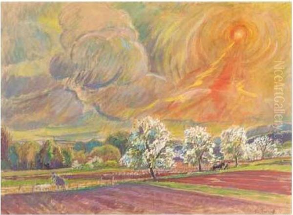 Storm Clouds Gathering Over The Orchard Oil Painting by Nikolai Aleksandrovich Tarkhov