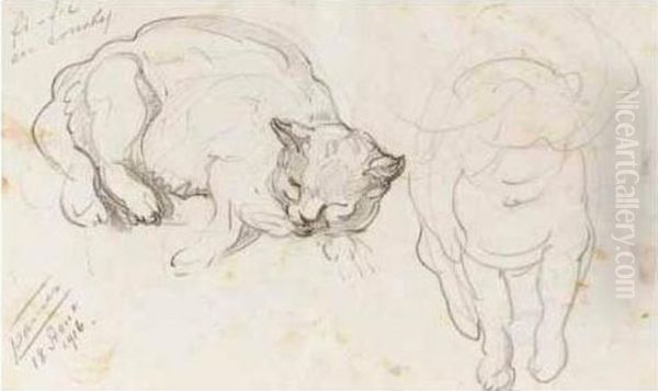 Two Studies Of Sleeping Cats: 'fi-fils En Couche' And 'go-mi Et Ses Petits' Oil Painting by Nikolai Aleksandrovich Tarkhov