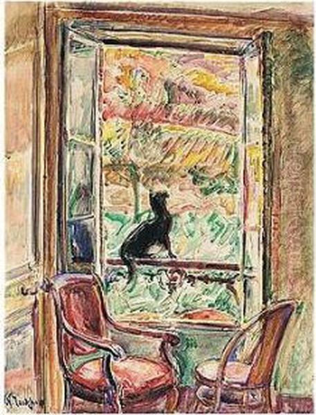 Black Cat On The Window Rail Oil Painting by Nikolai Aleksandrovich Tarkhov