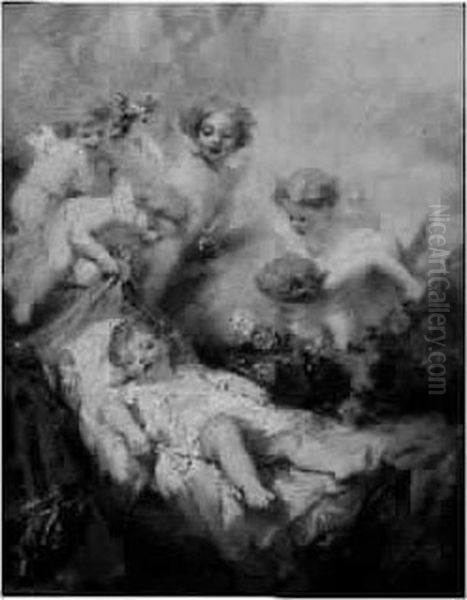 Amour Endormi Et Putti Oil Painting by Octave Tassaert