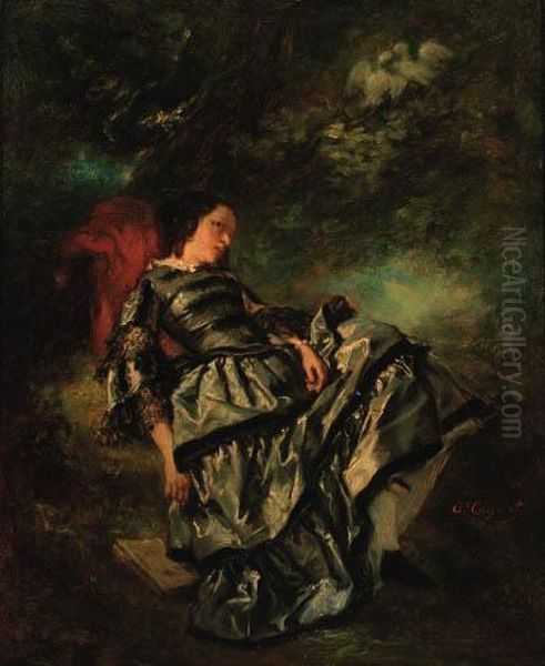 A Lady In An Elegant Dress Reclining Under A Tree Oil Painting by Octave Tassaert