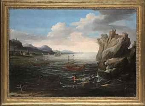 A Coastal Landscape With 
Fishermen On The Shore, A Genoese Galleyand Other Vessels And A Hilltop 
Fortress Beyond Oil Painting by Agostino Tassi