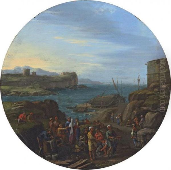 A Coastal Inlet With A Fortified
 Tower And Traders In The Foreground, A Ship Being Caulked Beyond Oil Painting by Agostino Tassi