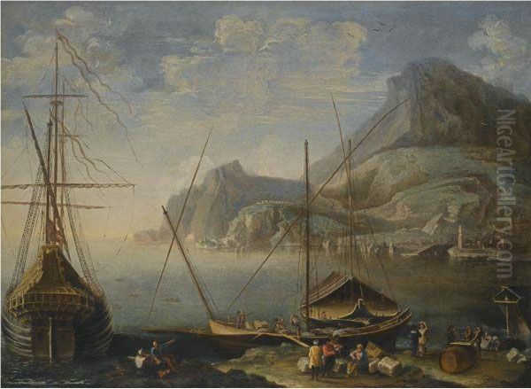 A Mediterranean Coastal Scene With Figures Unloading Cargo From Boats In The Foreground Oil Painting by Agostino Tassi