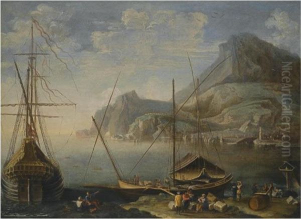 A Mediterranean Costal Scene With Figures Unloading Cargo From Boats In The Foreground Oil Painting by Agostino Tassi