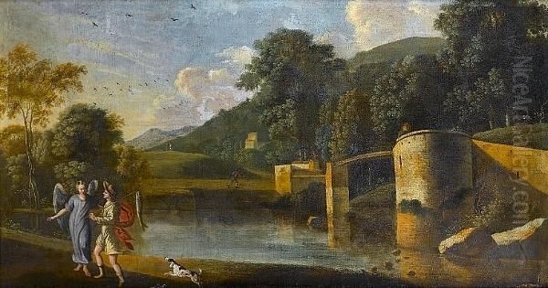 A River Landscape With Tobias And The Angel Oil Painting by Agostino Tassi