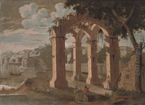 A Mediterranean Coastal Landscape With Figures Amongst Ruins Oil Painting by Agostino Tassi