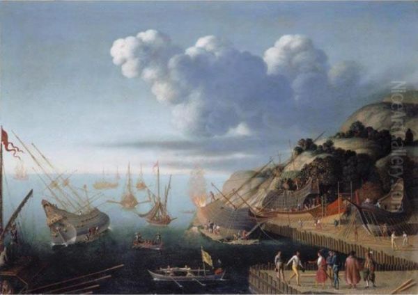 A Ship-building Port Oil Painting by Agostino Tassi