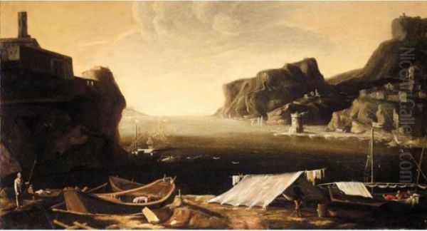 A Coastal Landscape With Fishermen On The Shore, A Hilltop Fort Beyond Oil Painting by Agostino Tassi