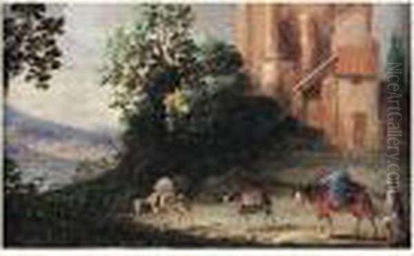 Paysan Et Son Ane Sur Un Chemin Oil Painting by Agostino Tassi