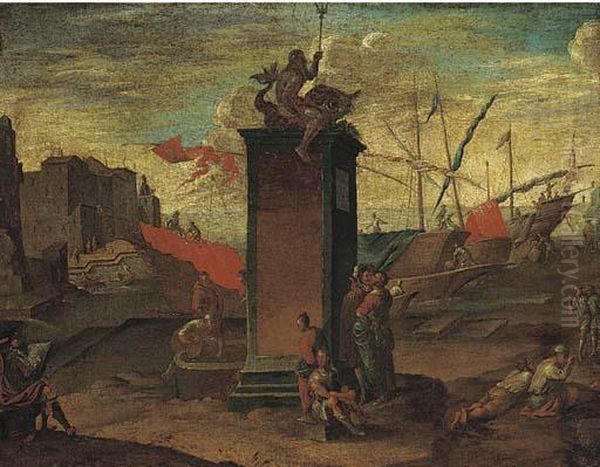 A Mediterranean Harbour With A 
Statue Of Neptune Being Sketched Byan Artist, A Maltese Ship Moored 
Beyond Oil Painting by Agostino Tassi