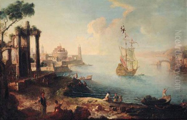 A Capriccio Of An Eastern Harbour With Fisherfolk On The Shore, Aman-o'-war Beyond Oil Painting by Agostino Tassi