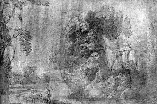 A Classical Landscape With The Temple Of Vesta, And A Shepherd Withhis Herd Oil Painting by Agostino Tassi